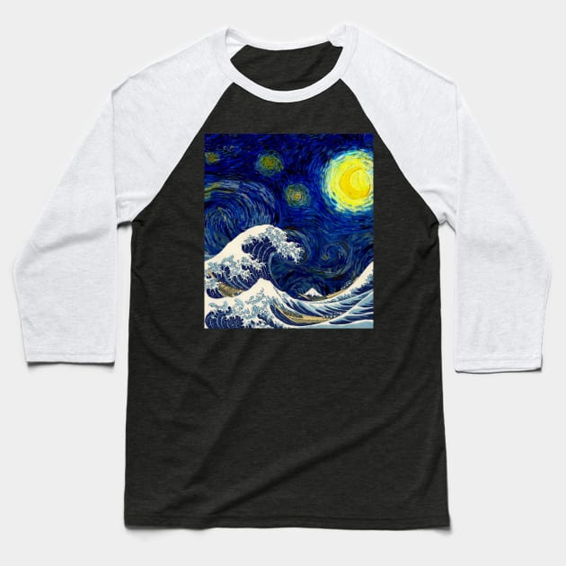 The Great Wave off Starry Night Baseball T-Shirt by Bomdesignz